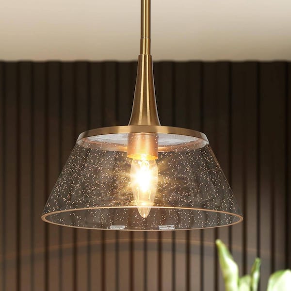 Quoridan Brass Modern Drum Kitchen Pendant Light with Seeded Glass Modern 1-Light Living Dining Room Island Chandelier