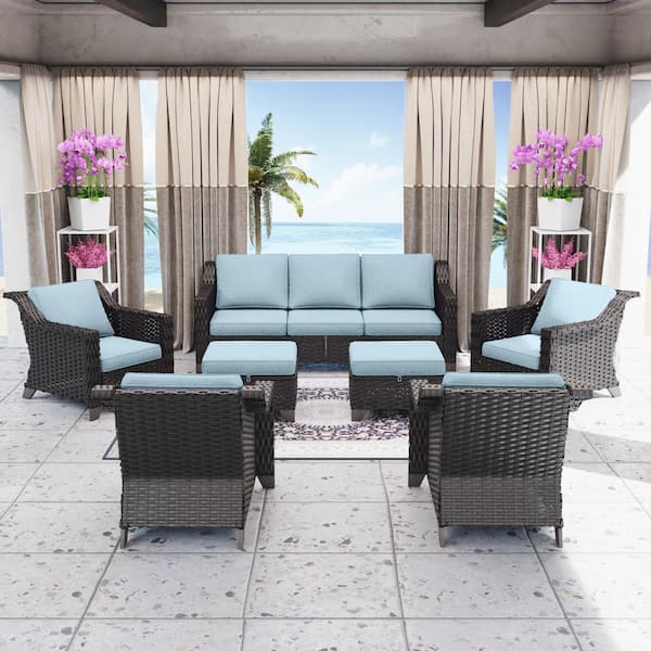 Gardenbee 7-Piece Wicker Outdoor Patio Conversation Set Sectional Sofa and Ottomans with Baby Blue Cushions
