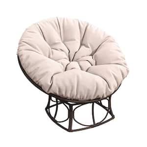 Brown Wicker Metal Frame Papasan Chair Outdoor Recliner with Beige Cushion