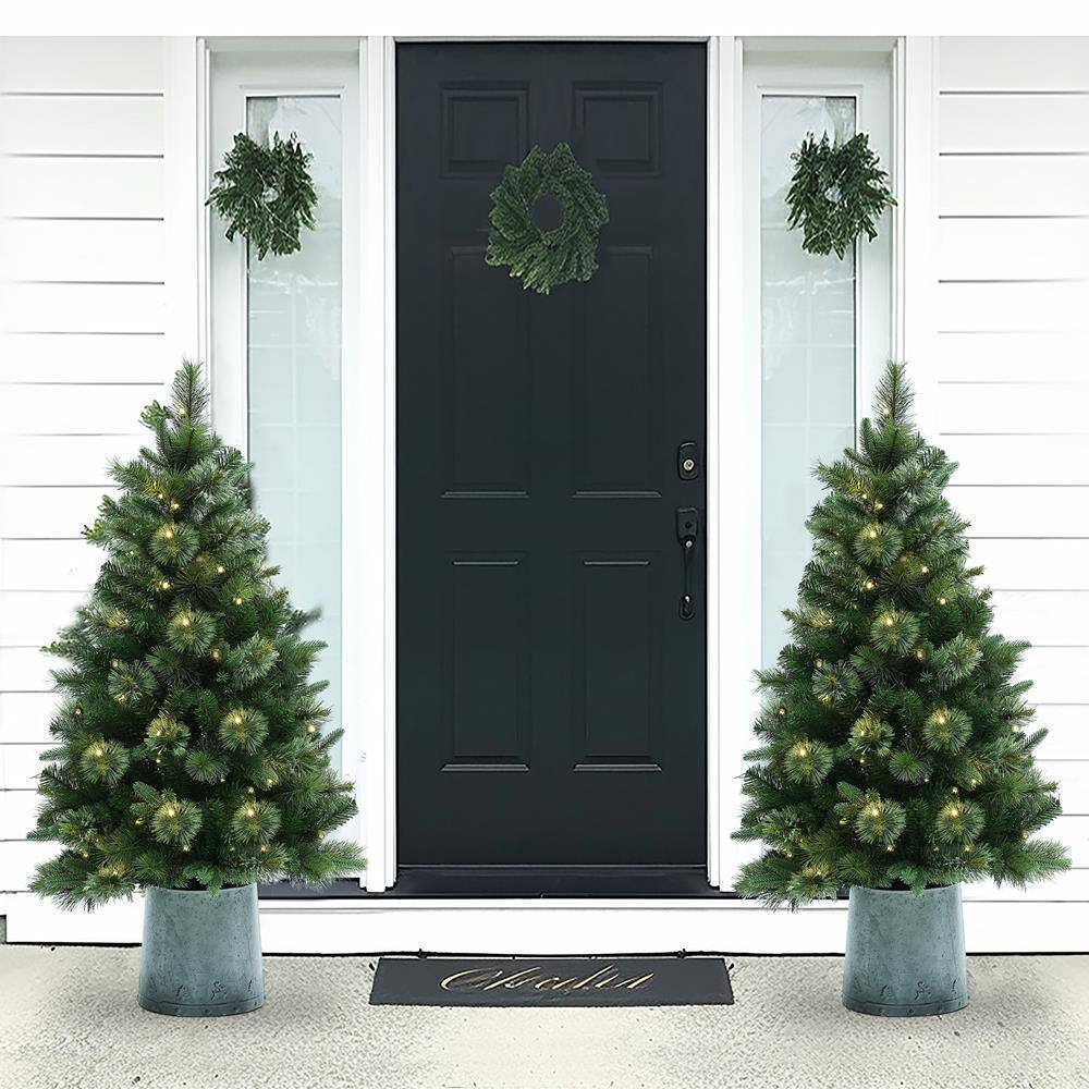 4' Green Pre-Lit Pine Christmas Tree with Metal Pot