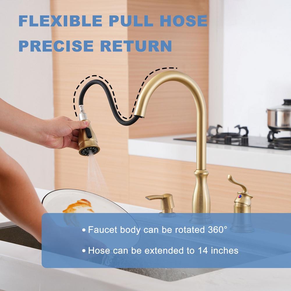 Brushed Gold Stainless Steel Pull Down Kitchen Faucet with Soap Dispenser
