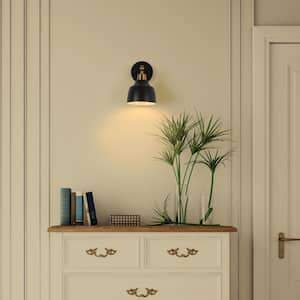 Modern Black Bell Wall Sconce Bath Vanity Light 1-Light Powder Room Wall Light with Brass Plated Arm White Inner Shade