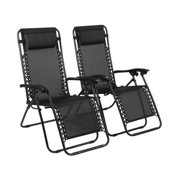 HOMESTOCK Black Zero Gravity Recliner Metal Sling Outdoor Lounge Chair (2-Pack)