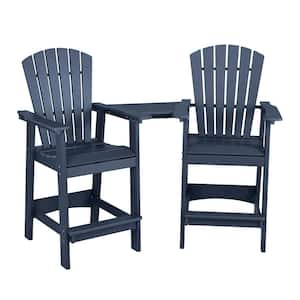 Navy Blue HDPE Plastic Outdoor Adirondack Chair Bar Stools with Connecting Tray Set of 2