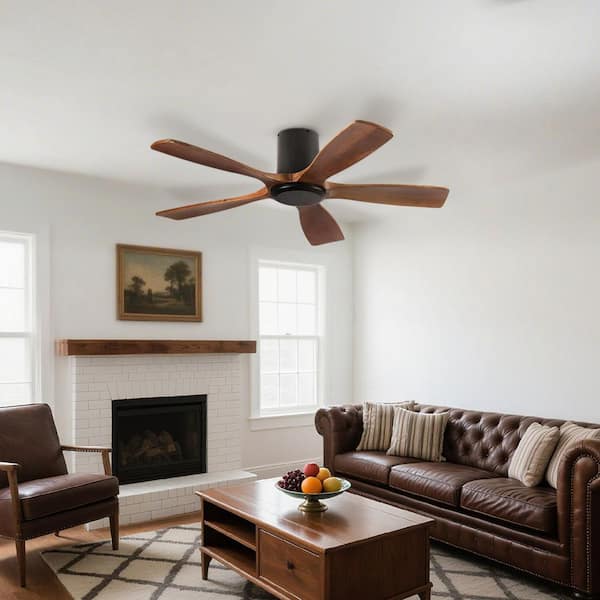 52 In. Indoor Black 5 Solid Wood Blades Flush Mount Standard Ceiling Fan with 6 Speeds and Remote Control Included