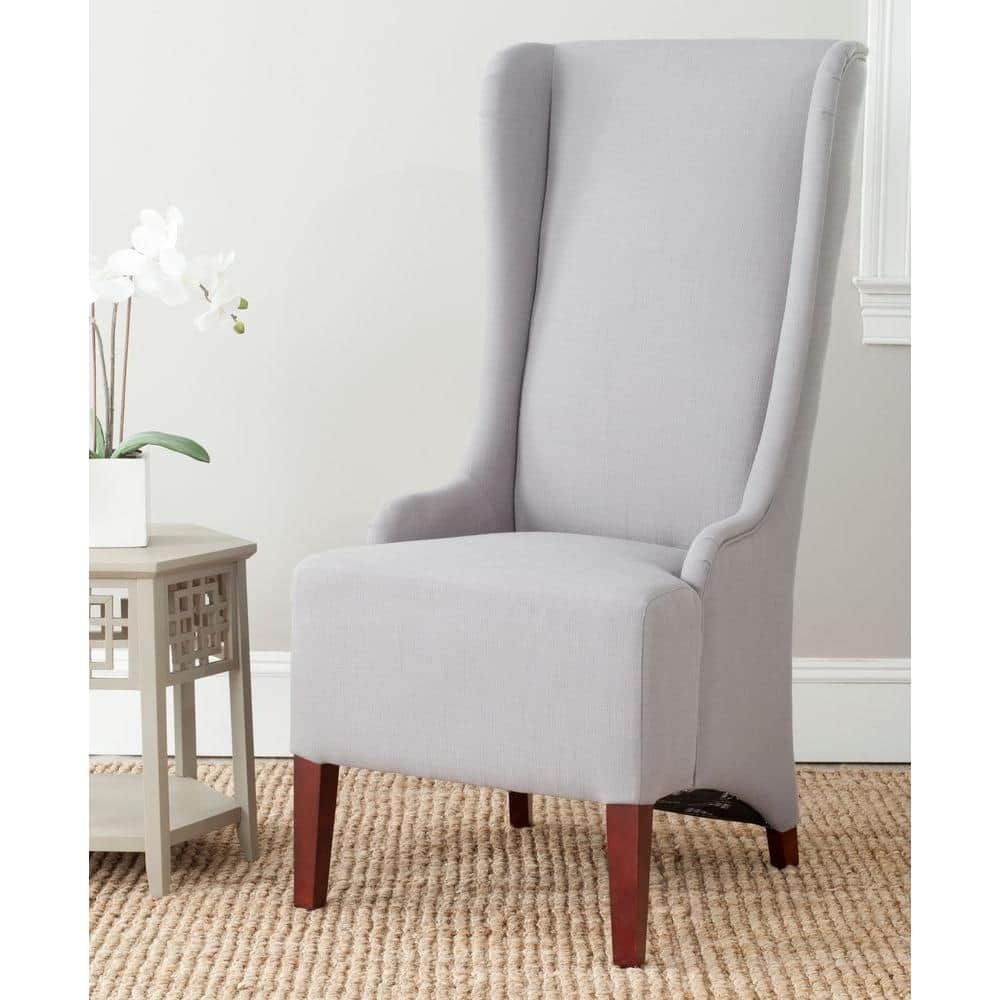 High-Back Arctic Grey Linen Upholstered Side Chair with Cherry Mahogany Legs