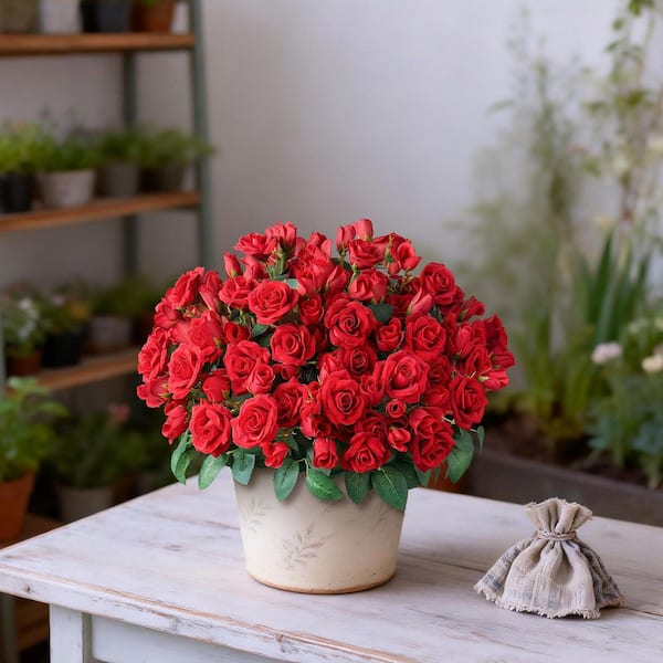 2 Pack 18 in. Red Outdoor Artificial Rose Flowers in Black Pot