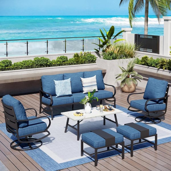 PHI VILLA Metal Slatted 7-Seat 6-Piece Outdoor Patio Conversation Set with Peacock Blue Cushions and Table with Marble Pattern Top
