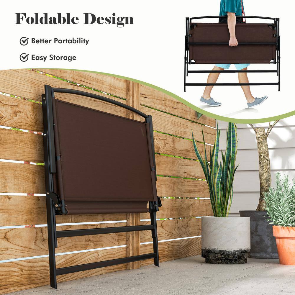 Brown Metal Foldable 2-Person Outdoor Garden Bench with Backrest and Armrests