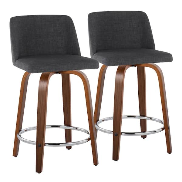 Lumisource Toriano 24.25 in. Charcoal Fabric, Walnut Wood and Chrome Metal Fixed-Height Counter Stool Set of 2