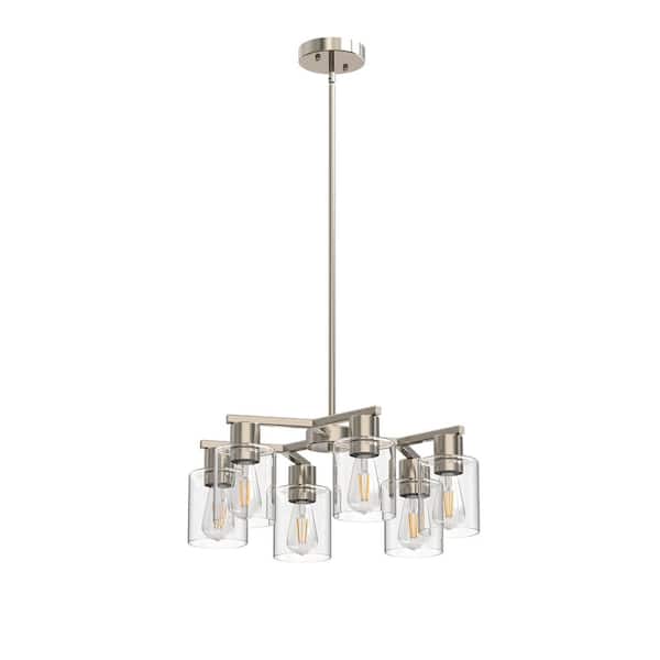 6-Light Nickel Farmhouse Chandelier with Adjustable Height, Industrial Clear Glass Pendant Light for Dining Room