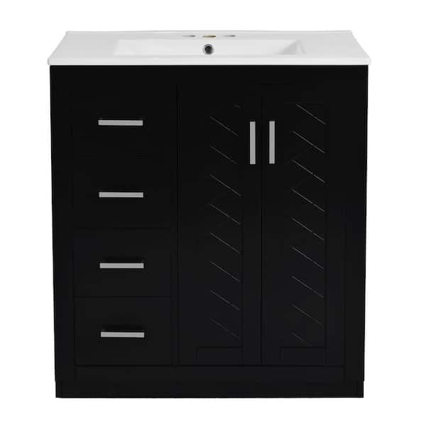 Solid Wood Bathroom Vanity 30 in. Black Frame Bathroom Storage Cabinet, Ceramic Sink with 3 Drawers& Soft Closing Doors