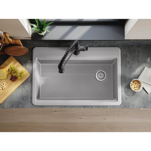 Lassen 33 in. Drop-in Single Bowl Granite Composite Kitchen Workstation Sink in Matte Grey with Accessories