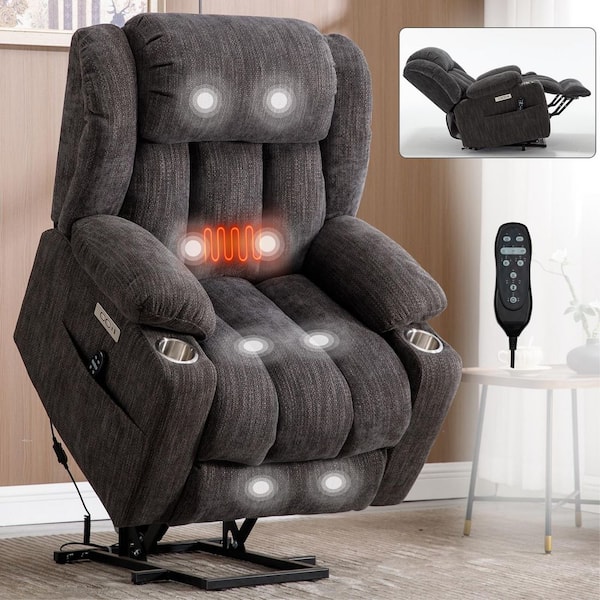 Gray Chenille Polyester Massage Chair Recliner with Electric Power Lift, 8-Point Vibration Massage and Lumbar Heating