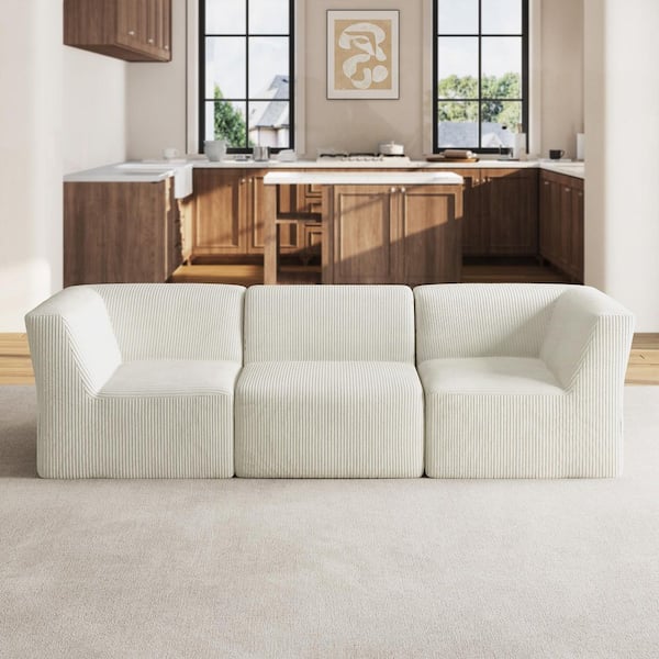 106.15 in. Modern Square Arm Corduroy Upholstered Rectangle 3-Seater Sofa in Beige