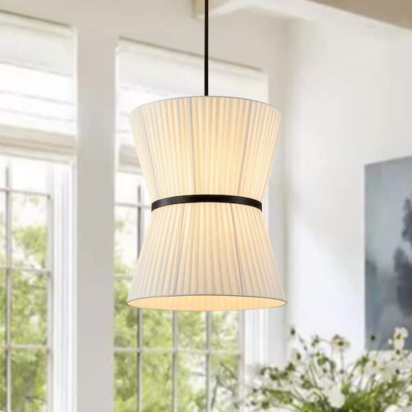HUOKU Haven 2-Light 19.7 in.W Matte Black Chandelier Tall Pendant Light with Drum-Shaped Fabric Cover for Dining Room