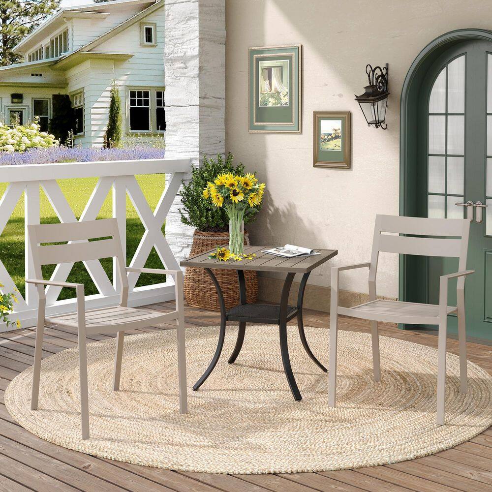 3-Piece Metal Outdoor Dining Set with 27.6 in. Grey Wood-Like Square Slatted Table and 2 Sandshell Stackable Chairs price history on PriceWatchPro
