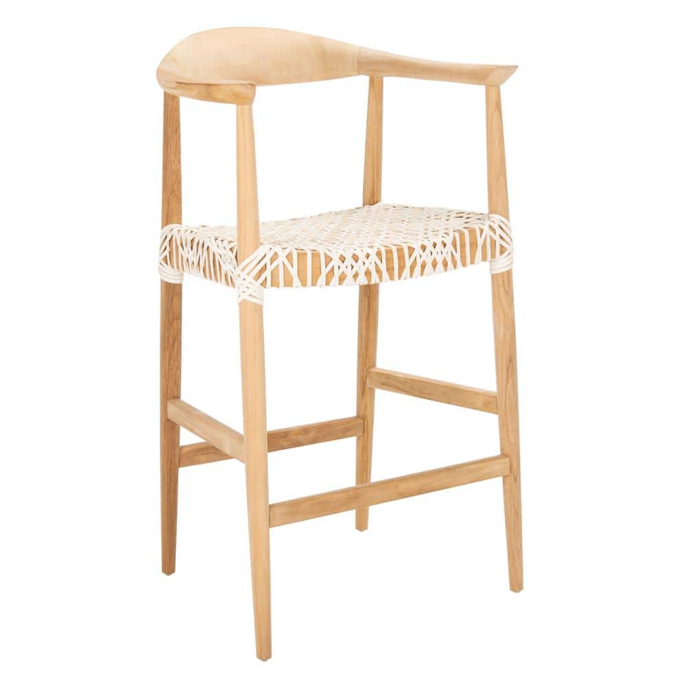 Curved Natural Teak & Woven White Leather Counter Stool