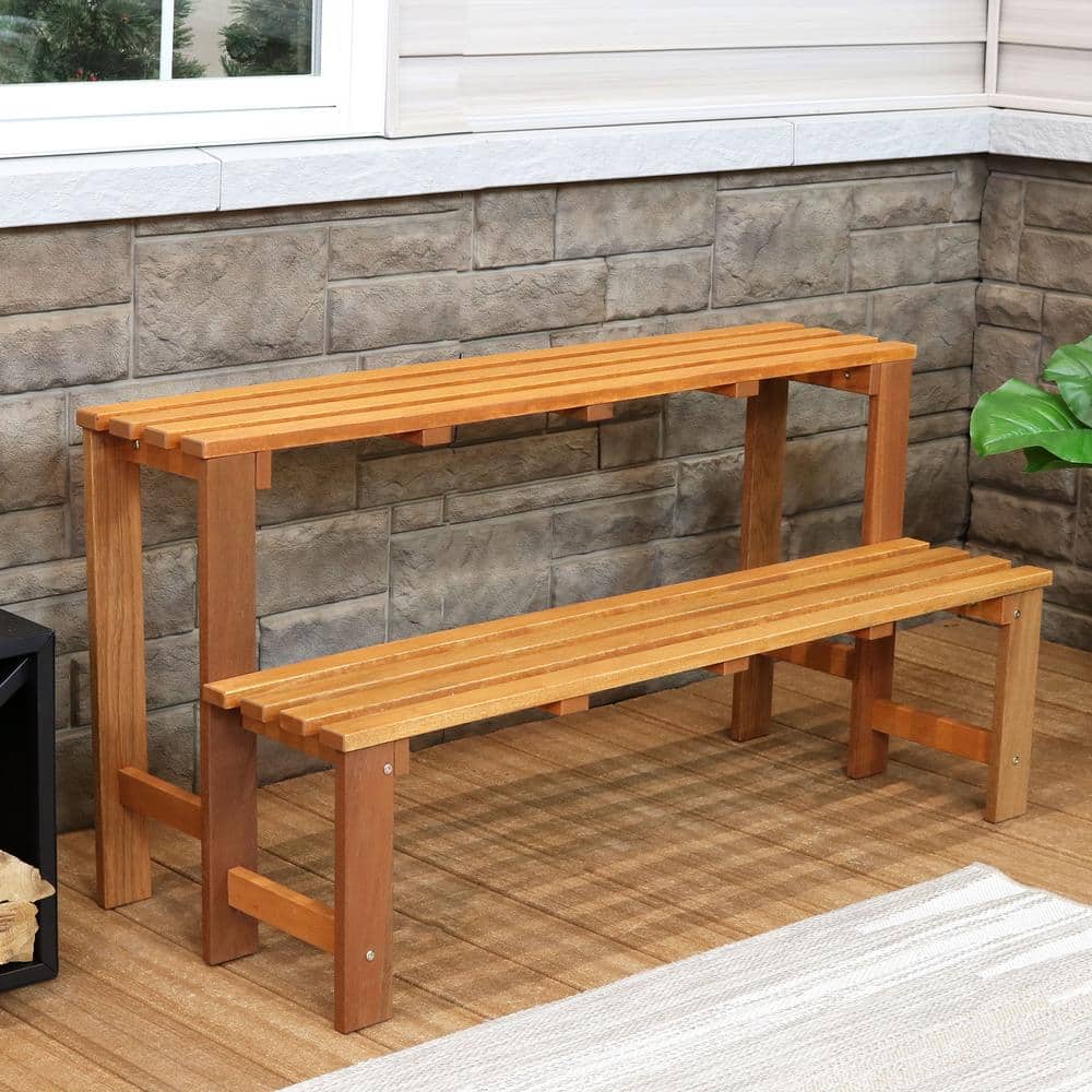 Brown Meranti Wood 2-Tier Outdoor Plant Stand with Teak Oil Finish