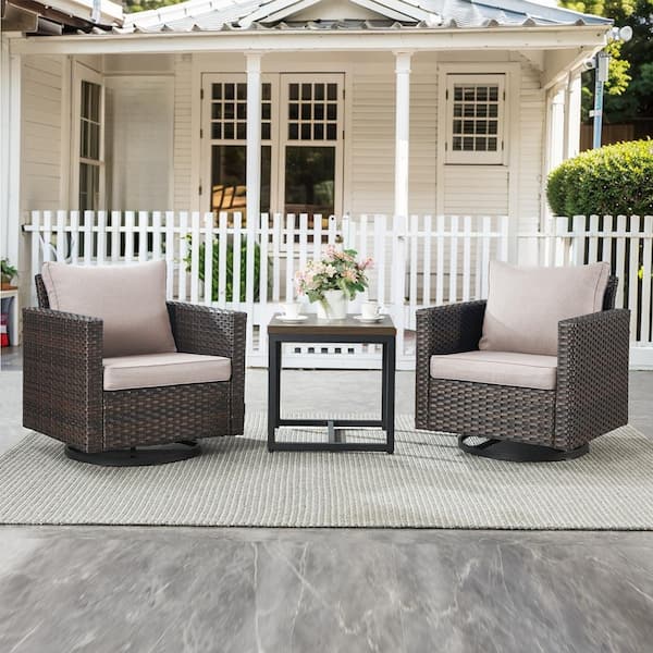 U-Foot 3-Piece Brown Swivel Glider Wicker Outdoor Rocking Chair with Beige Cushions and Side Table