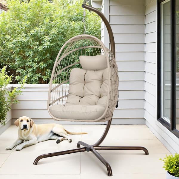 1-Person 350 lbs. Capacity Foldable Beige Wicker Egg Porch Swing Chair with Steel Stand and Beige Cushion for Patio