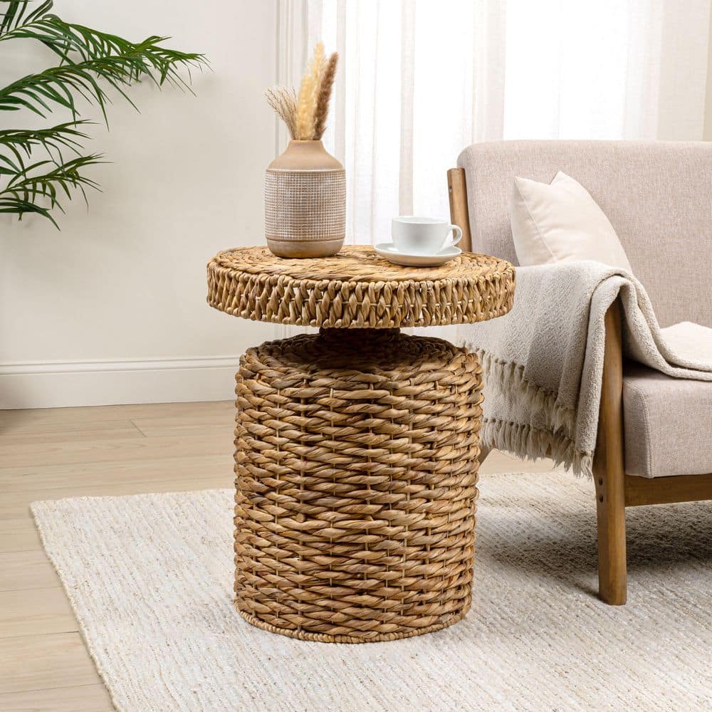 Marisol 19.65 in. Coastal Bohemian Handwoven Water Hyacinth Wicker Round Accent End Table, Natural