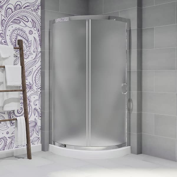OVE Decors Breeze 36 in. L x 36 in. W x 76.97 in. H Corner Shower Kit with Frosted Framed Sliding Door in Chrome and Shower Pan