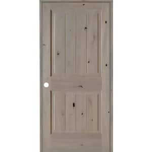 36 in. x 80 in. Knotty Alder 2 Panel Right-Hand Square Top V-Groove Grey Stain Solid Wood Single Prehung Interior Door