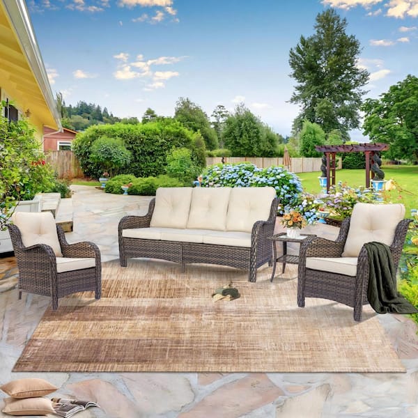 Brown 4-Piece Wicker Outdoor Patio Conversation Set 3-Seat Sofa Armrest Chairs with Beige Cushions and Side Table