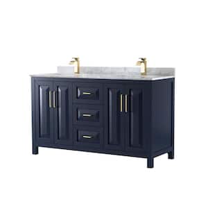 Daria 60 in. Double Bathroom Vanity in Dark Blue with Marble Vanity Top in White Carrara with White Basins