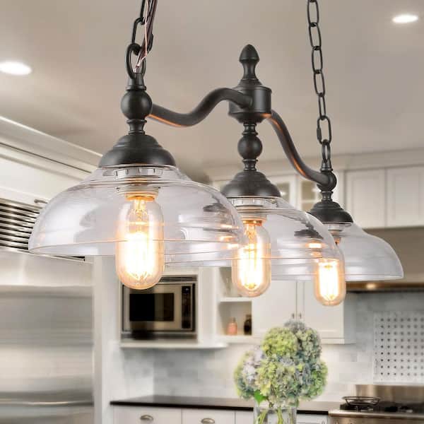Farmhouse Pendant Light Fixture Ceiling 3 Lamp Kitchen Island Clear Glass Shades 