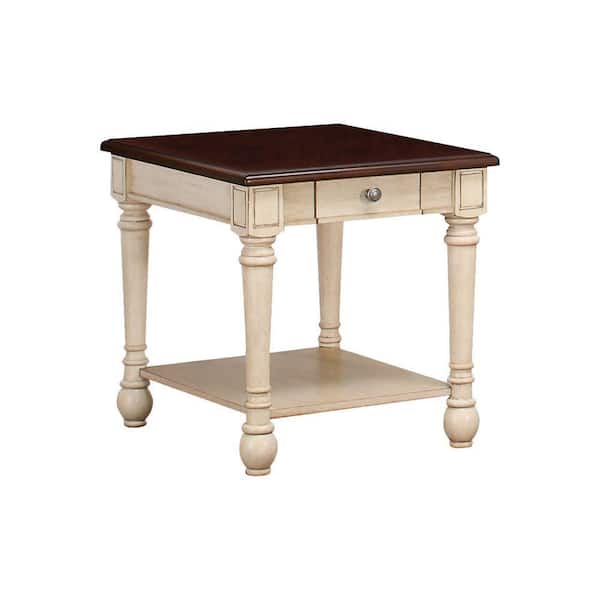 Benjara 23.5 in. Brown and White Rectangle Wood End Table with Turned Legs