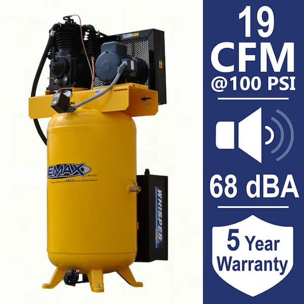 EMAX Silent Air Industrial E450 Series 80 Gal. 175 PSI 5HP 19 CFM 3-Phase 460V 2-Stage Vertical Stationary Air Compressor