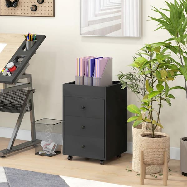 HOMCOM 3 Drawer Black Wood 16.9 in. W Vertical File Cabinet, Home Office Storage Printer Stand with Wheels