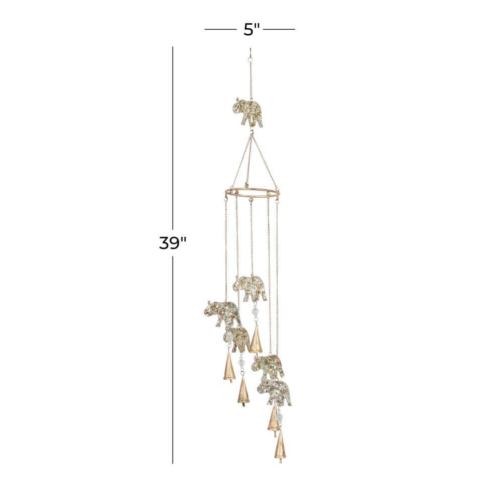Gold Metal Elephant Windchime with Glass Beads and Bells