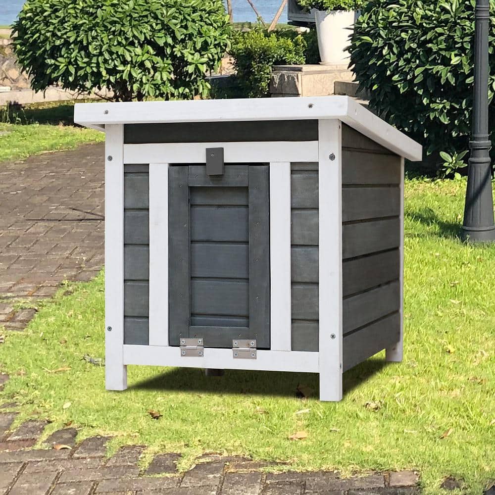 Gray and White Wooden Outdoor Rabbit Hutch with Lockable Door