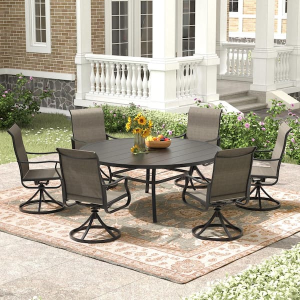 7-Piece Metal 53 in. Round Outdoor Dining Set 360° Textilene Fabricswivel Chairs and 1.57 in. 1.90 in. Umbrella Hole