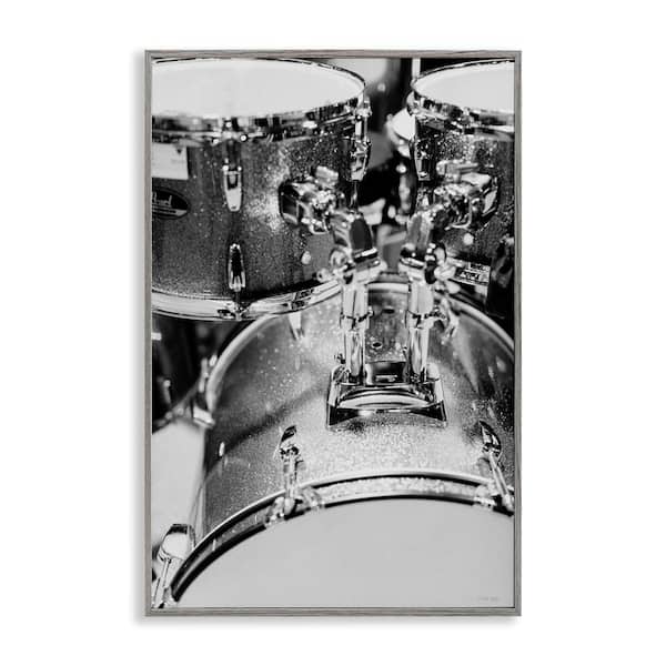 Stupell Industries Drum Set Black and White by Jennifer Rigsby Gray Framed Music Giclee Art Print 24 in. x 16 in.