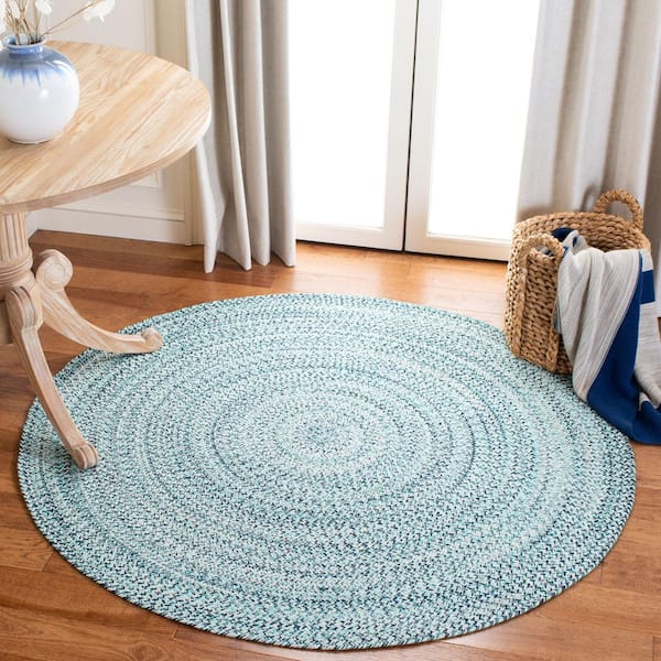 Braided Aqua/Ivory 7 ft. x 7 ft. Chevron Striped Round Area Rug