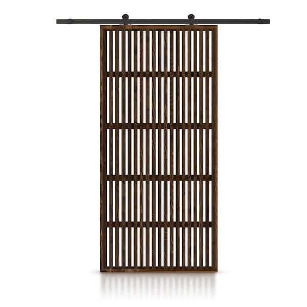 CALHOME 36 in. x 84 in. Japanese Series Pre Assemble Walnut Stained Wood Interior Sliding Barn Door with Hardware Kit
