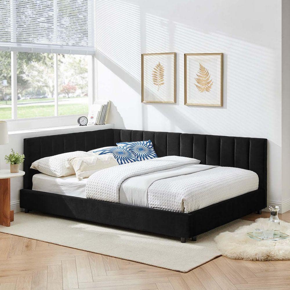 Black Full Size Daybed Velvet Upholstered Corner Daybed Frame
