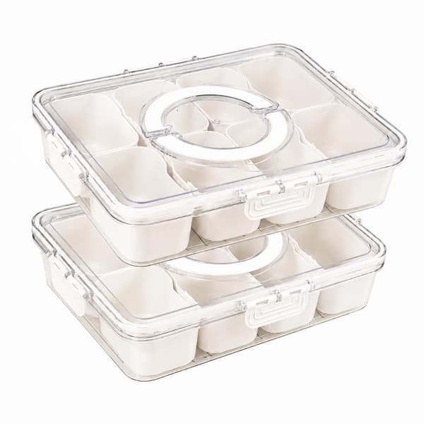 2 Pack 11 in. W x 8.3 in. H x 2.6 in. D Clear Divided Serving Tray with Lid and Handle, Beige Plastic Snack Bento Box
