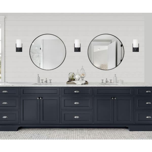 Mod Pod 1-Light Black Indoor Wall Sconce Light Fixture with Frosted Glass Cylinder Shade