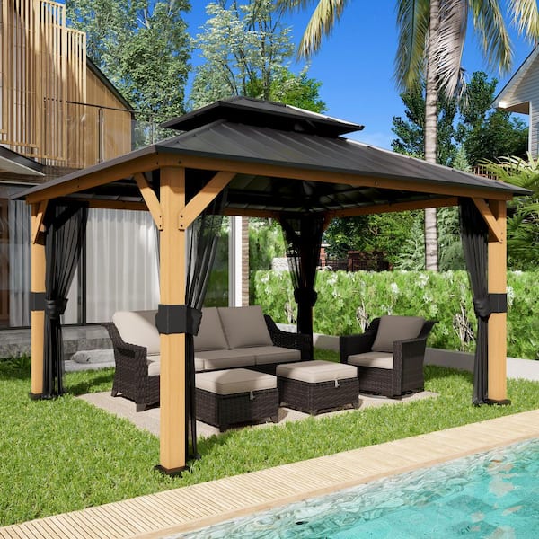 13 ft. x 11 ft. Outdoor Spruce Wood Hardtop Gazebo with Double Galvanized Steel Roof and Mosquito Netting
