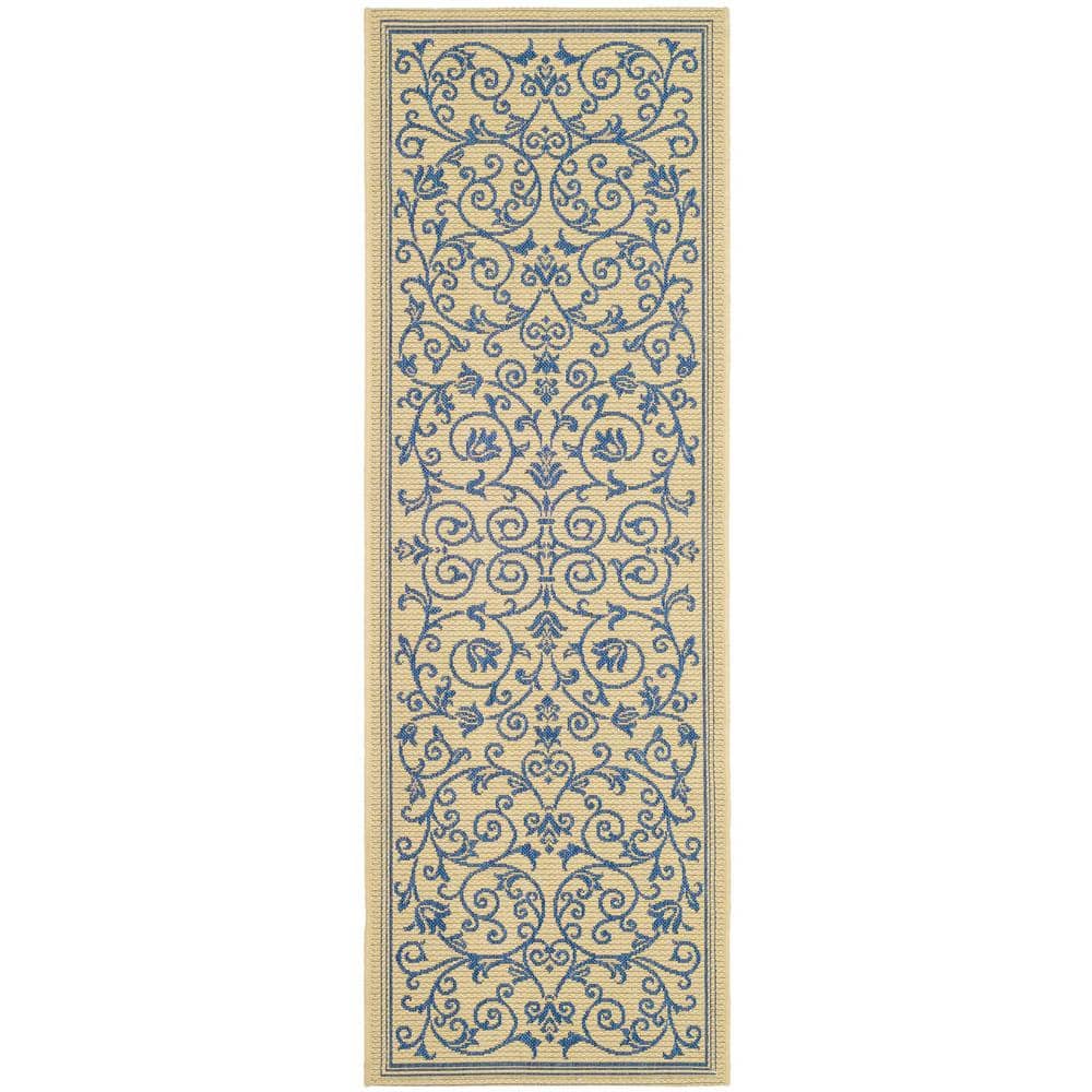 Courtyard Natural/Blue 2 ft. x 8 ft. Border Scroll Floral Indoor/Outdoor Runner Rug price history on PriceWatchPro