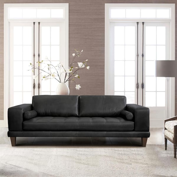 Genuine Black Leather Contemporary Sofa