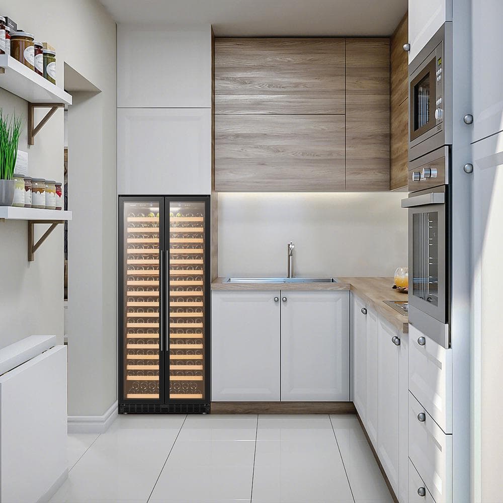 Black Freestanding Dual Door Wine Cooler with Wooden Shelves