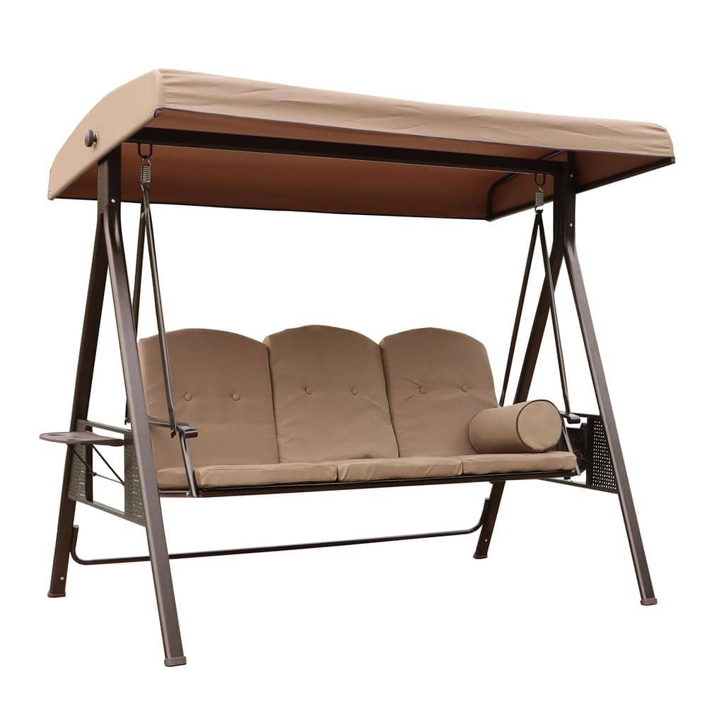 Maocao Hoom 3-Seat Brown Outdoor Patio Swing Chair With Beige Cushions ...