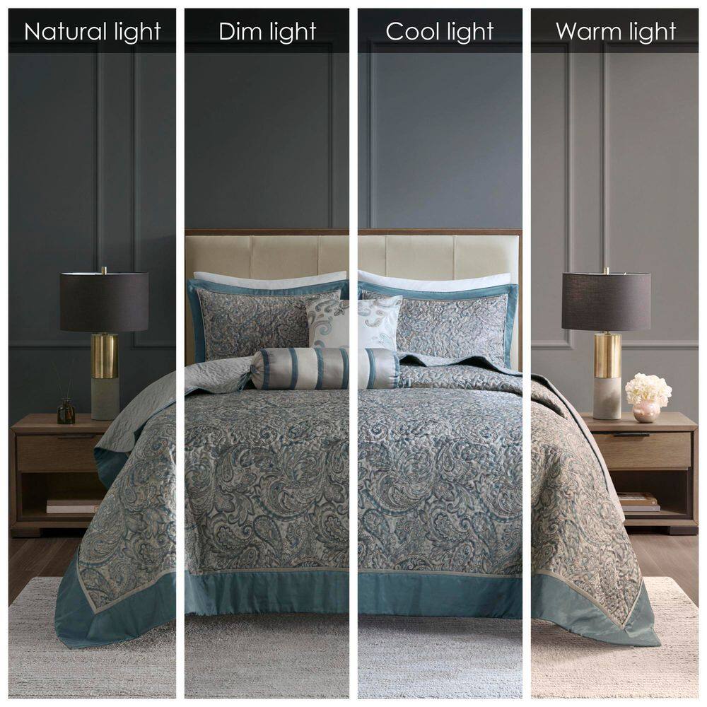 Teal and Gray Reversible Microfiber Queen Bedspread Set