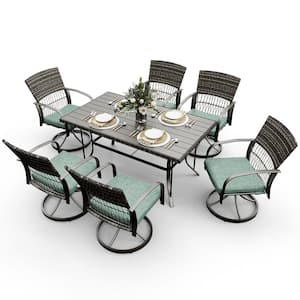 7-Piece Metal Patio Outdoor Dining Set with Rectangle Table and Rattan Swivel Chairs with Green Cushion